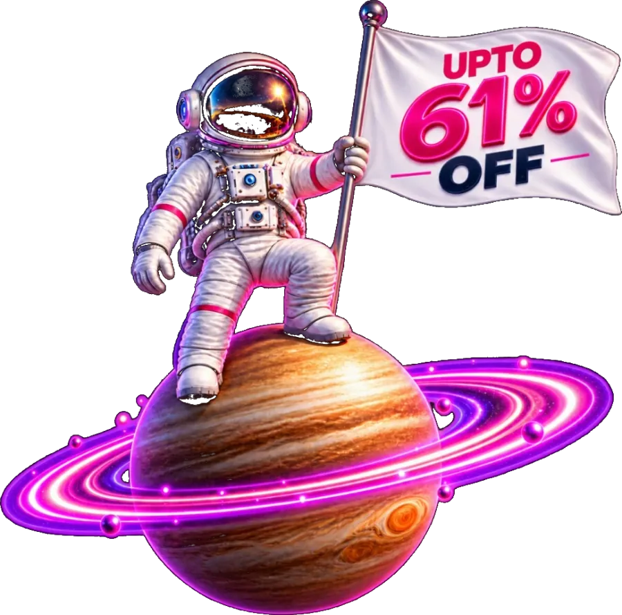 Astronaut standing on a planet with an upto 61% off flag