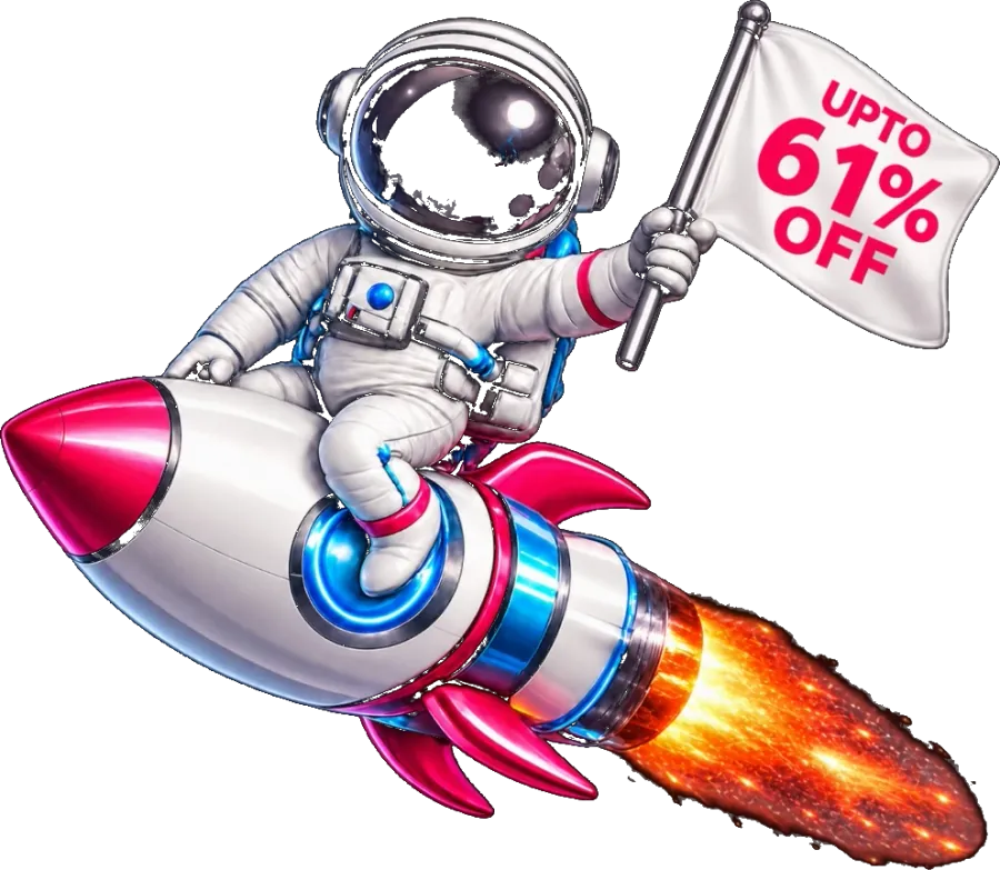 Astronaut riding a rocket with an upto 61% off flag