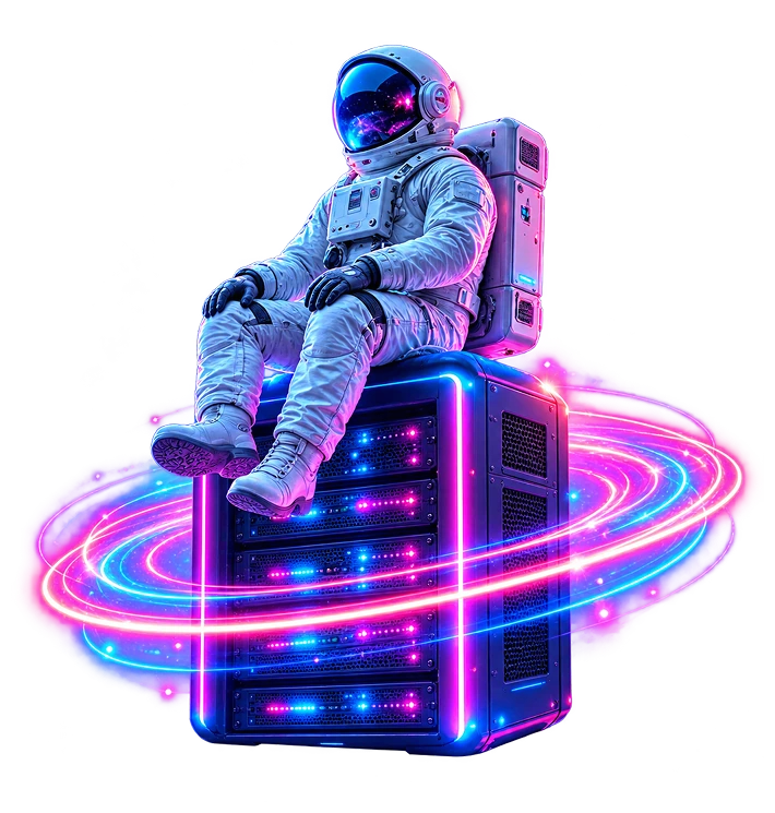 Astronaut sitting on a glowing server rack